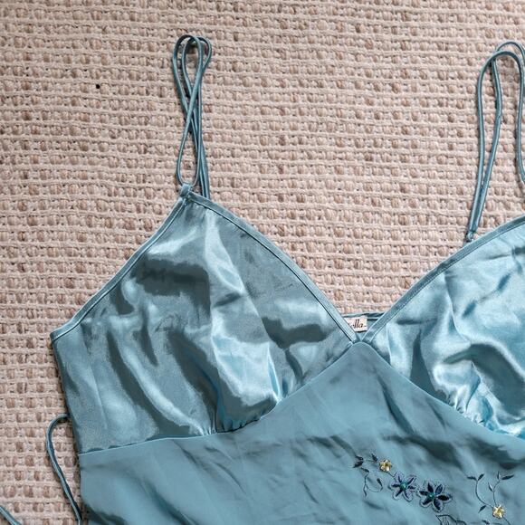 Linea Donatella Womens XL Blue Slip Dress Mini Babydoll Camisole Floral Satin - Picture 3 of 6